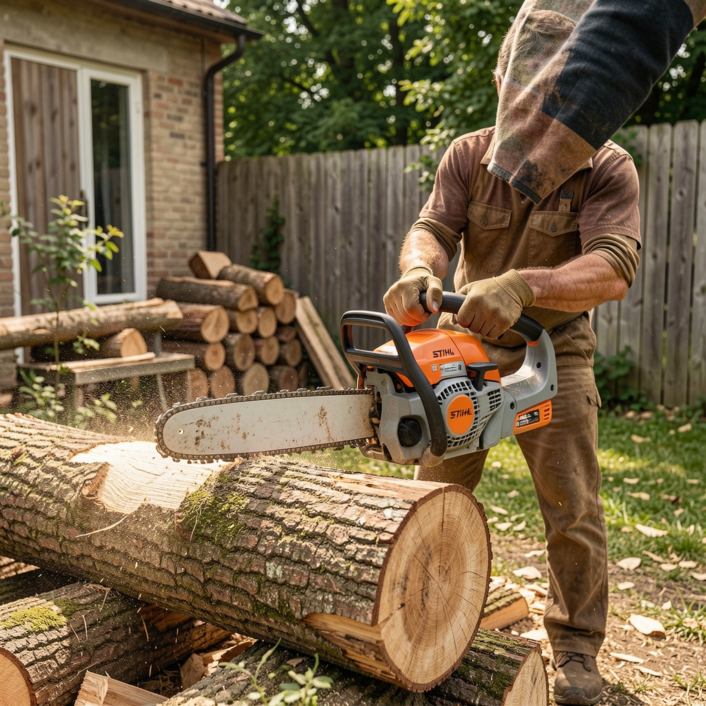 STIHL акумулаторска ланчана пила у употреби при резању пала стабла у дворишту приватне куће